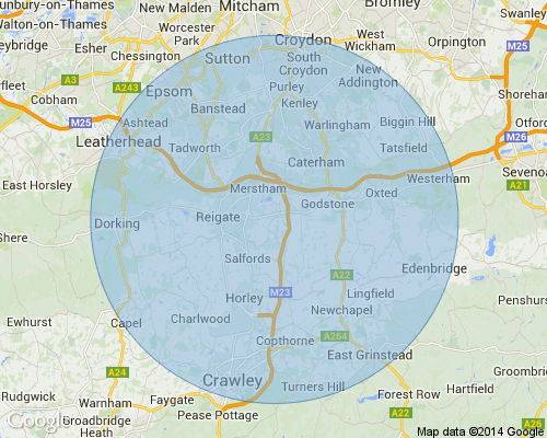 Map displaying the 10 mile radius free delivery zone offered by Focus Optical